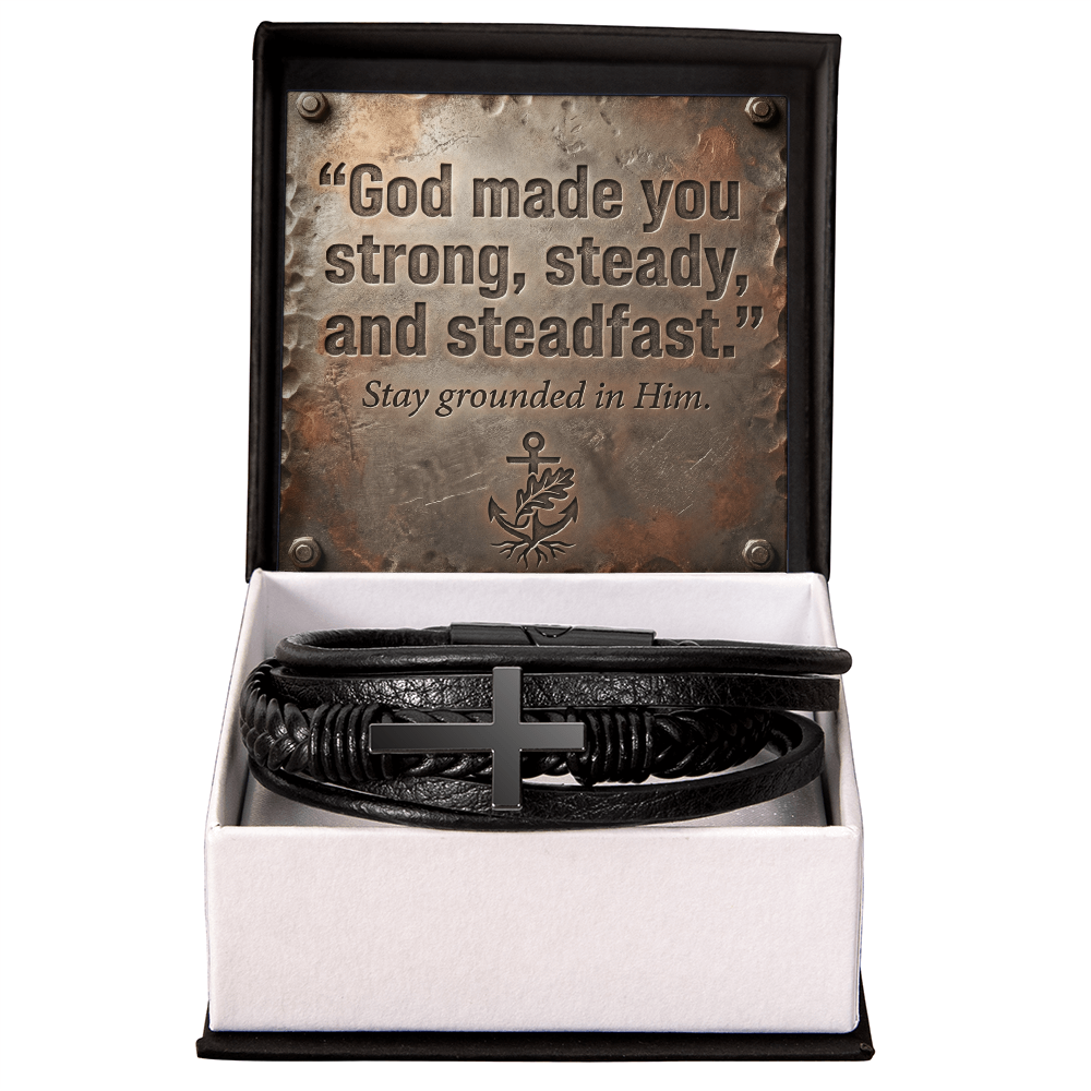 Men's Christian Cross Bracelet – “Strong, Steady & Steadfast” Message Card | Leather & Stainless Steel Faith Bracelet