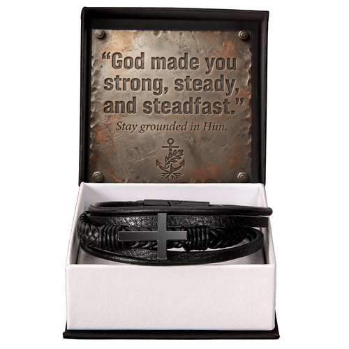 Men's Christian Cross Bracelet – “Strong, Steady & Steadfast” Message Card | Leather & Stainless Steel Faith Bracelet