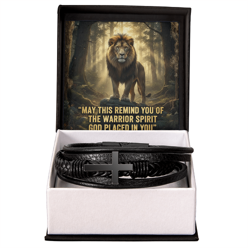 Men's Christian Cross Bracelet – “Warrior Spirit God Placed in You” Message Card | Leather & Stainless Steel Faith Bracelet