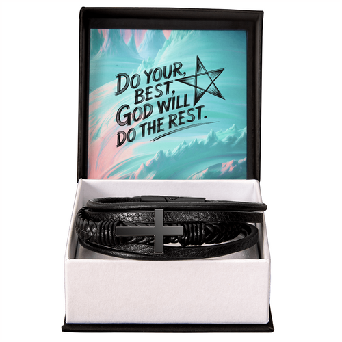 “Do Your Best, God Will Do the Rest” men’s cross bracelet in vegan leather