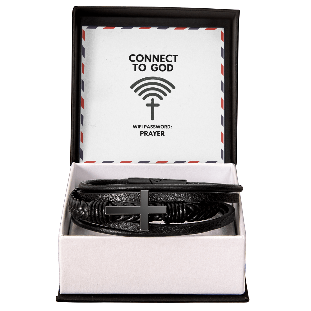 “Connect to God – WiFi Password: PRAYER” men’s cross leather bracelet