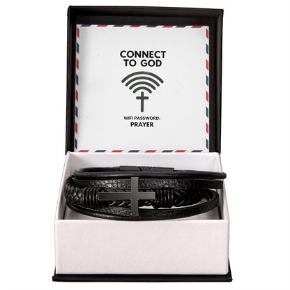 “Connect to God – WiFi Password: PRAYER” men’s cross leather bracelet