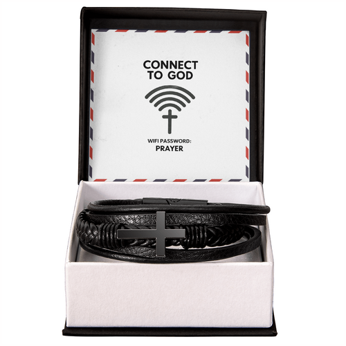 “Connect to God – WiFi Password: PRAYER” men’s cross leather bracelet