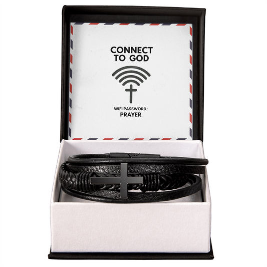 “Connect to God – WiFi Password: PRAYER” men’s cross leather bracelet