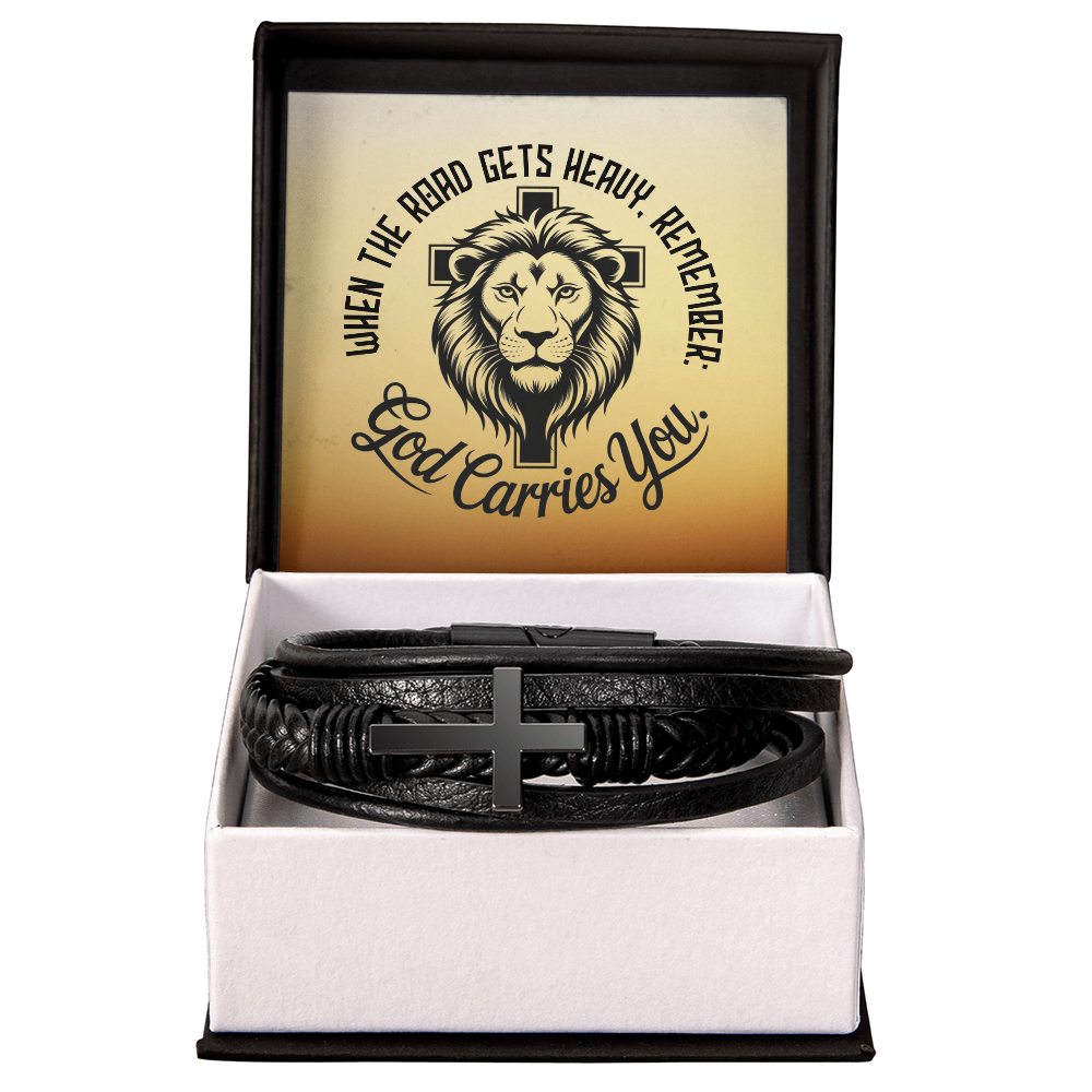 Men's Christian Leather Bracelet | Lion of Judah Faith Bracelet for Him | God Carries You Gift