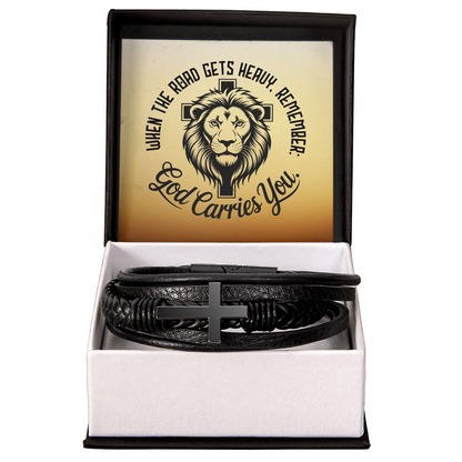 Men's Christian Leather Bracelet | Lion of Judah Faith Bracelet for Him | God Carries You Gift