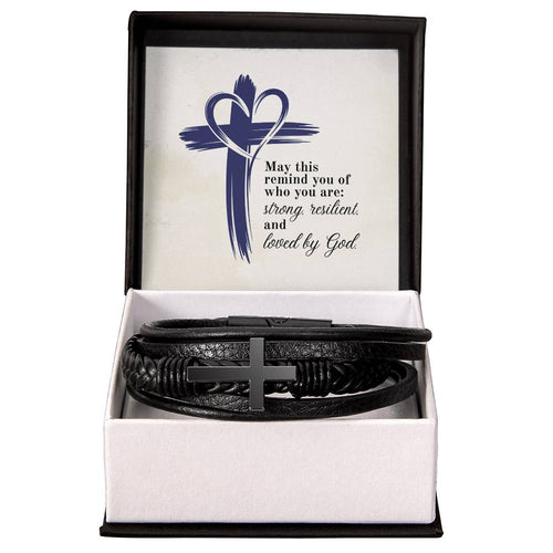 Strong, Resilient & Loved by God Men's Cross Bracelet | Christian Leather Bracelet for Him | Inspirational Men's Jewelry
