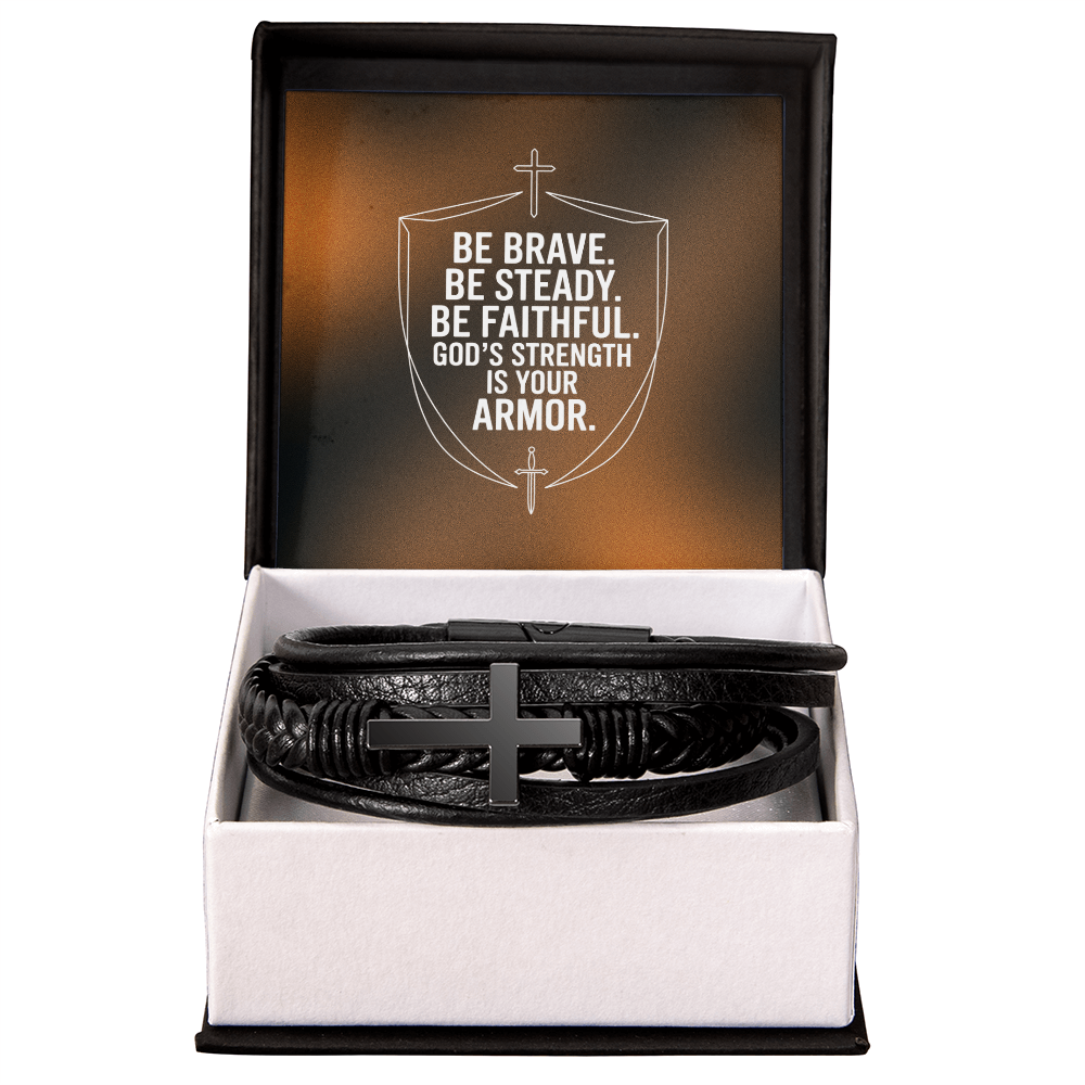 Men's Cross Leather Bracelet | “Be Brave. Be Steady. Be Faithful.” Shield Design | Christian Gift for Him | Faith Armor Bracelet
