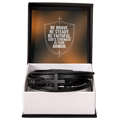 Men's Cross Leather Bracelet | “Be Brave. Be Steady. Be Faithful.” Shield Design | Christian Gift for Him | Faith Armor Bracelet