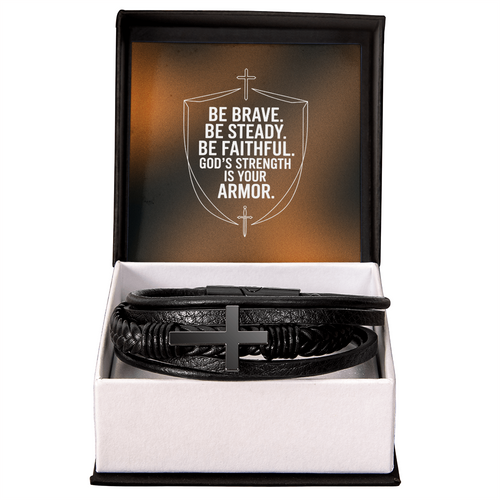 Men's Cross Leather Bracelet | “Be Brave. Be Steady. Be Faithful.” Shield Design | Christian Gift for Him | Faith Armor Bracelet