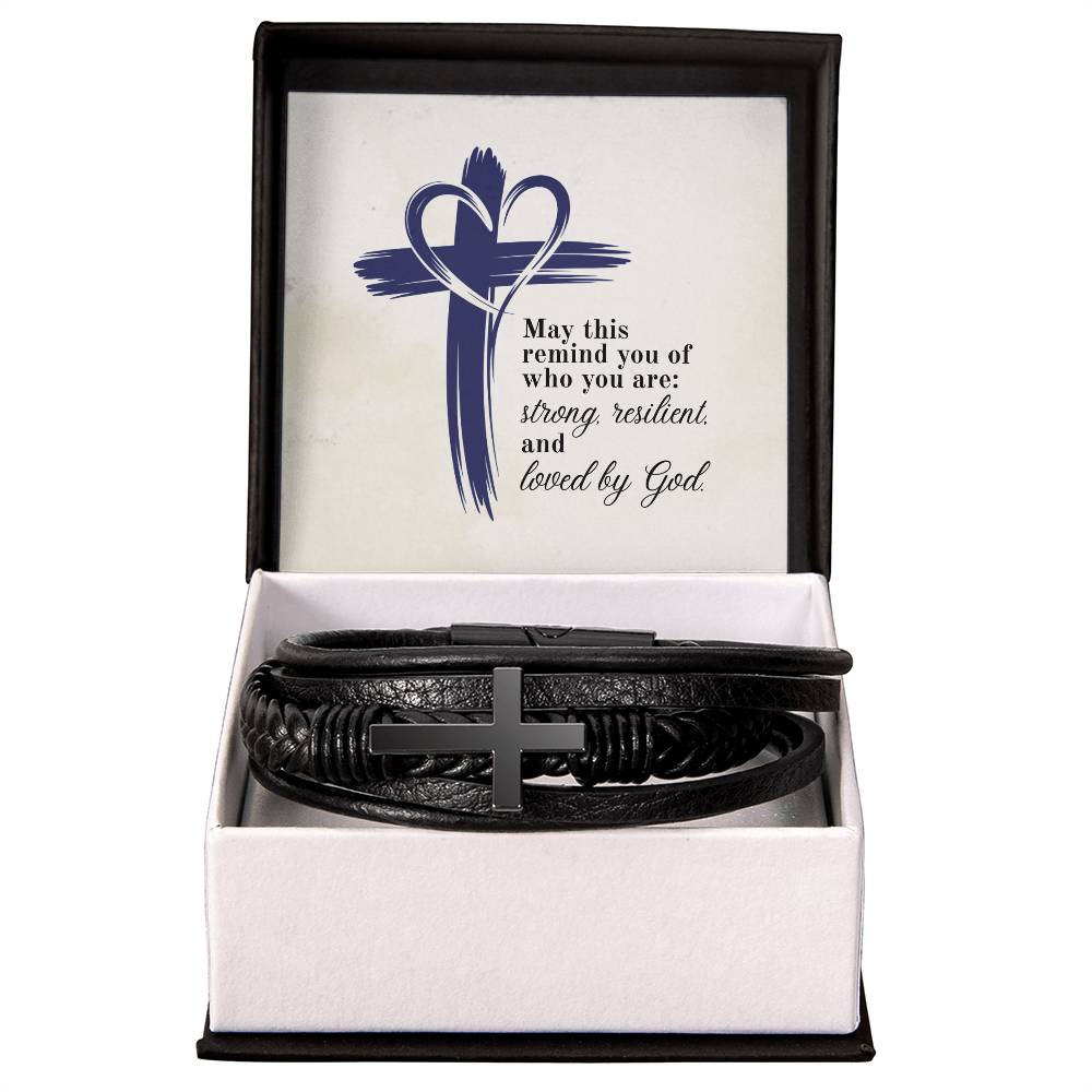 Strong, Resilient & Loved by God Men's Cross Bracelet | Christian Leather Bracelet for Him | Inspirational Men's Jewelry