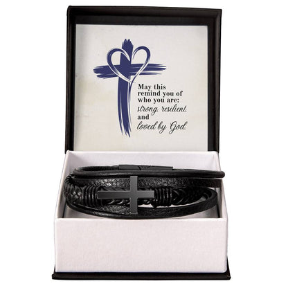 Strong, Resilient & Loved by God Men's Cross Bracelet | Christian Leather Bracelet for Him | Inspirational Men's Jewelry