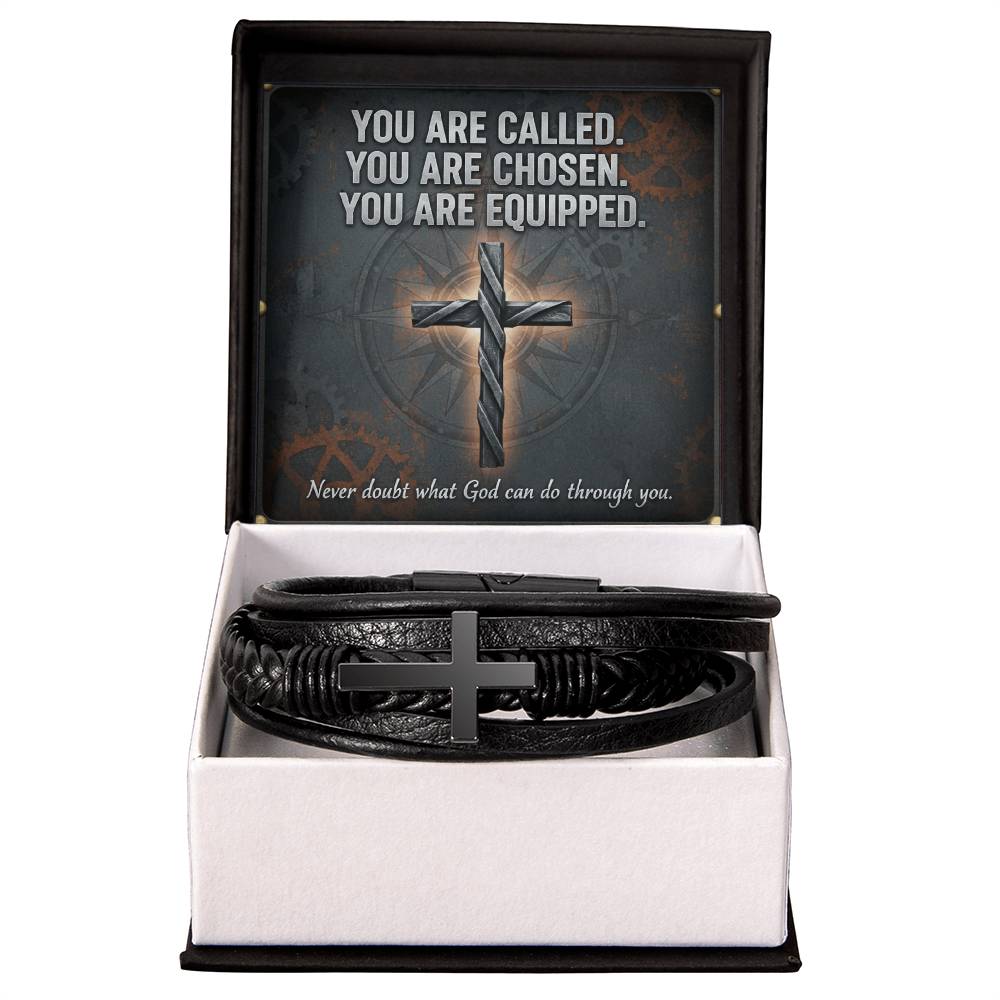 Men's Cross Leather Bracelet – “You Are Called, Chosen, Equipped” Message Card | Christian Gift for Men | Faith & Strength Jewelry