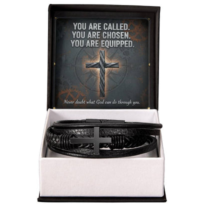 Men's Cross Leather Bracelet – “You Are Called, Chosen, Equipped” Message Card | Christian Gift for Men | Faith & Strength Jewelry