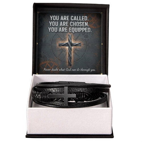 Men's Cross Leather Bracelet – “You Are Called, Chosen, Equipped” Message Card | Christian Gift for Men | Faith & Strength Jewelry