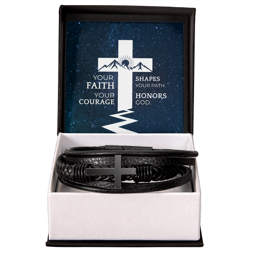 Men's Faith Bracelet | “Your Faith Shapes Your Path” | Christian Cross Leather Bracelet for Him | Inspirational Gift
