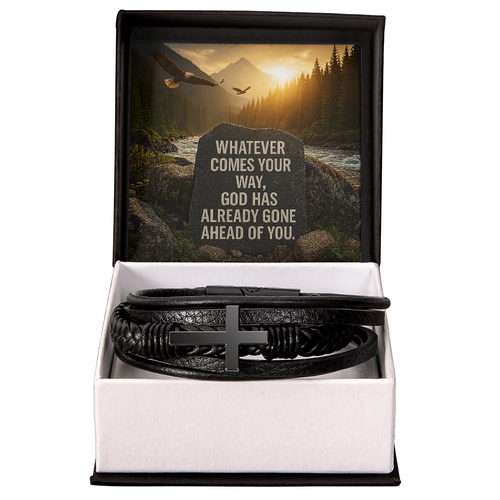 Men's Christian Cross Bracelet – “God Has Gone Ahead of You” Message Card | Leather & Stainless Steel Faith Bracelet