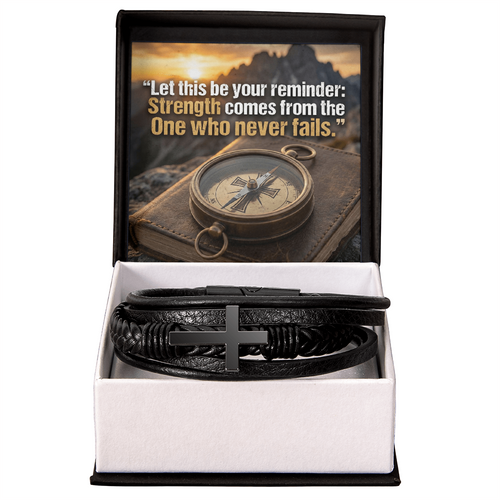 Men's Christian Cross Bracelet – “Strength Comes From the One Who Never Fails” Message Card | Leather & Stainless Steel Faith Bracelet