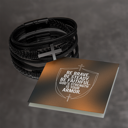 Men's Cross Leather Bracelet | “Be Brave. Be Steady. Be Faithful.” Shield Design | Christian Gift for Him | Faith Armor Bracelet