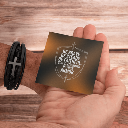 Men's Cross Leather Bracelet | “Be Brave. Be Steady. Be Faithful.” Shield Design | Christian Gift for Him | Faith Armor Bracelet