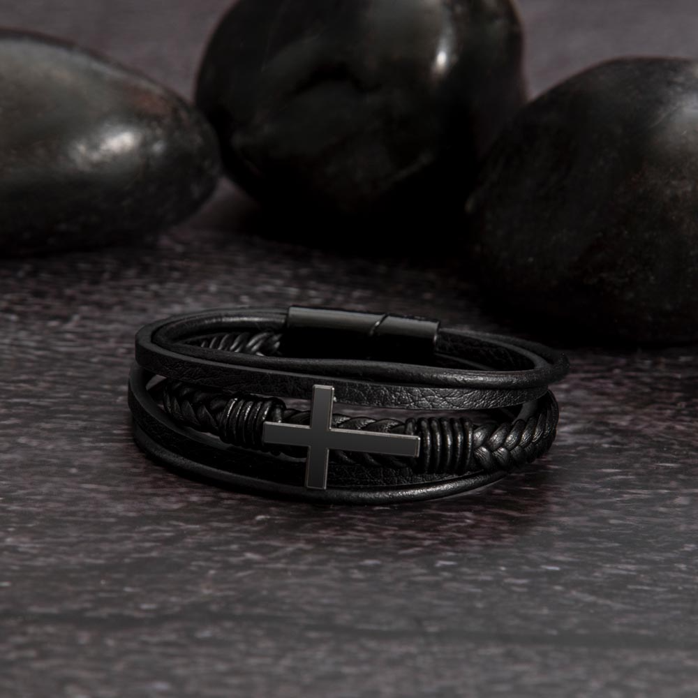 Strong, Resilient & Loved by God Men's Cross Bracelet | Christian Leather Bracelet for Him | Inspirational Men's Jewelry