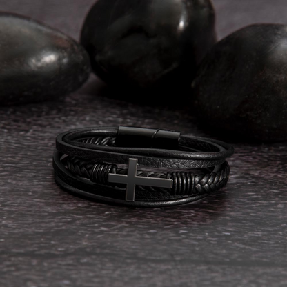 Strong, Resilient & Loved by God Men's Cross Bracelet | Christian Leather Bracelet for Him | Inspirational Men's Jewelry