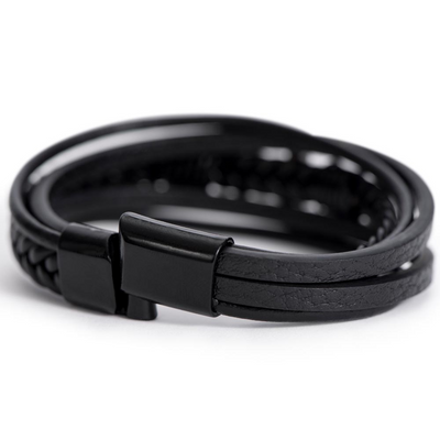 Black braided leather bracelet with stainless-steel cross