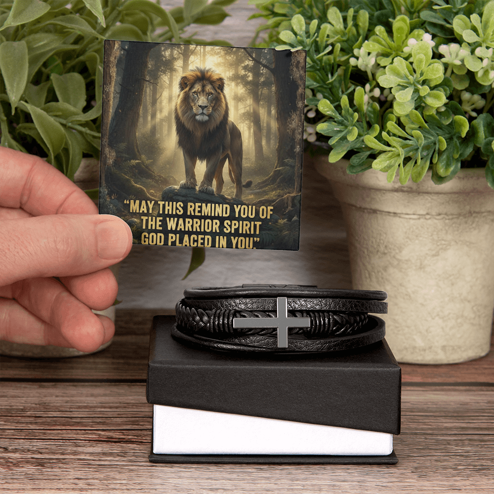 Men's Christian Cross Bracelet – “Warrior Spirit God Placed in You” Message Card | Leather & Stainless Steel Faith Bracelet