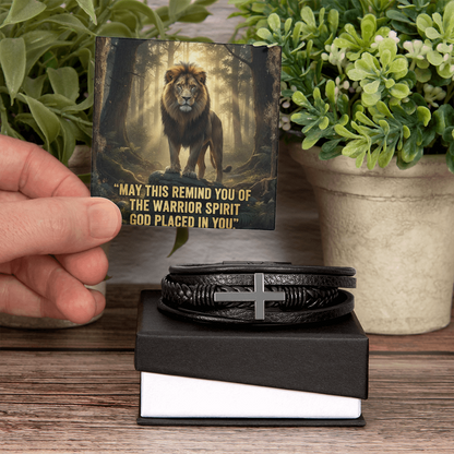Men's Christian Cross Bracelet – “Warrior Spirit God Placed in You” Message Card | Leather & Stainless Steel Faith Bracelet