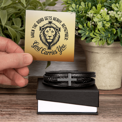 Men's Christian Leather Bracelet | Lion of Judah Faith Bracelet for Him | God Carries You Gift