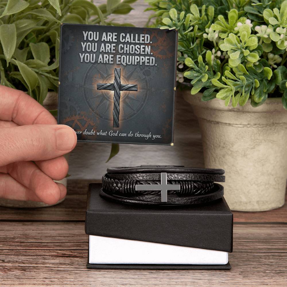 Men's Cross Leather Bracelet – “You Are Called, Chosen, Equipped” Message Card | Christian Gift for Men | Faith & Strength Jewelry