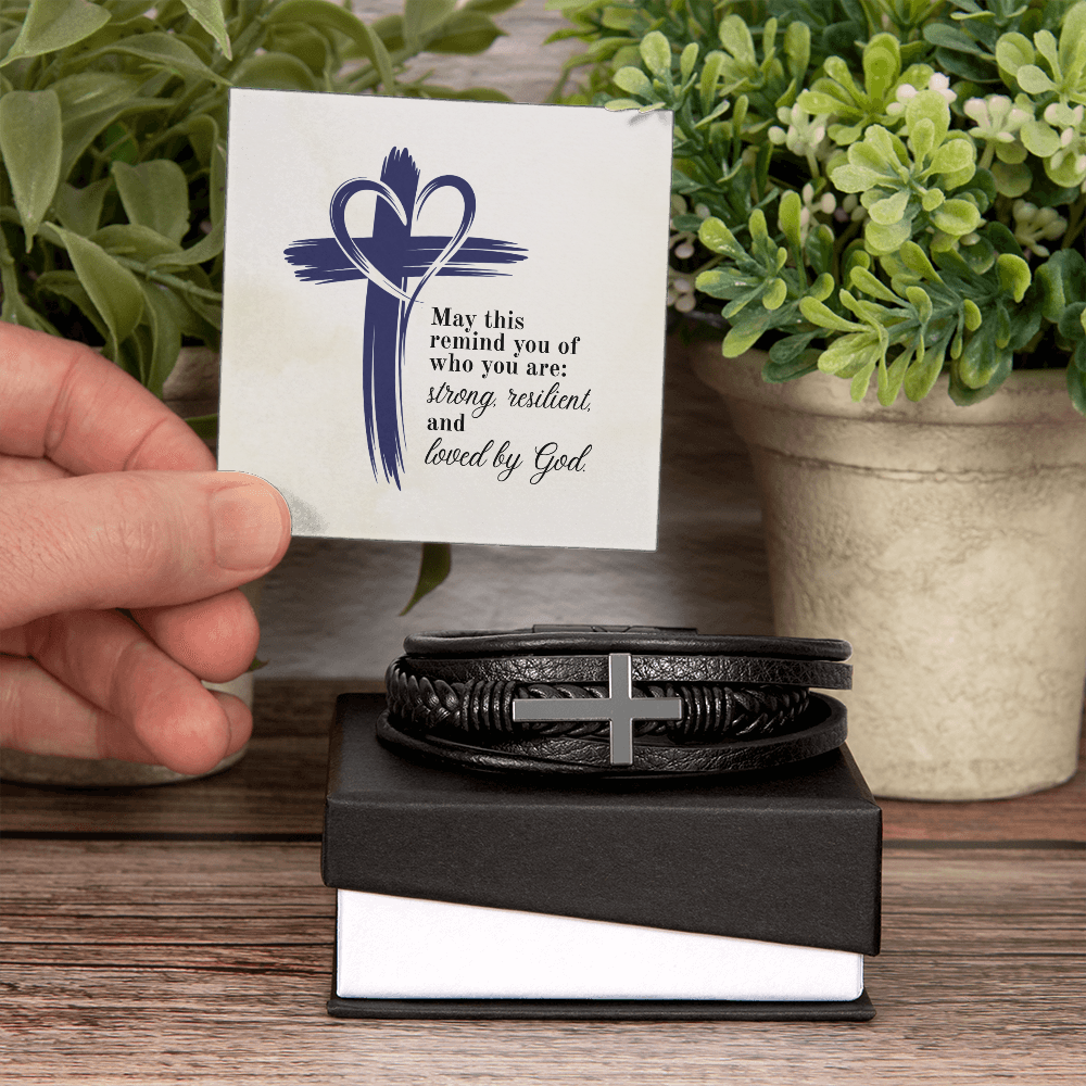 Strong, Resilient & Loved by God Men's Cross Bracelet | Christian Leather Bracelet for Him | Inspirational Men's Jewelry