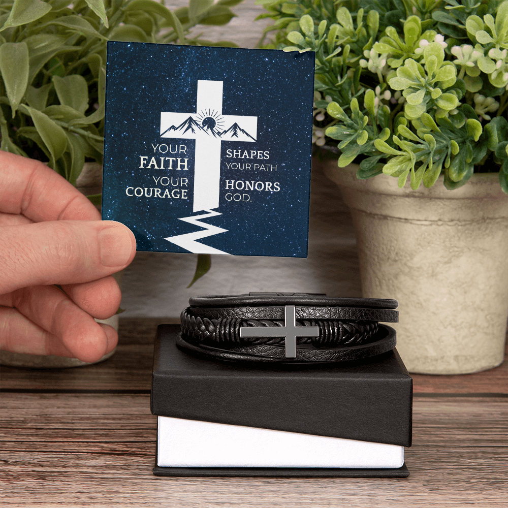 Men's Faith Bracelet | “Your Faith Shapes Your Path” | Christian Cross Leather Bracelet for Him | Inspirational Gift
