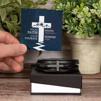 Men's Faith Bracelet | “Your Faith Shapes Your Path” | Christian Cross Leather Bracelet for Him | Inspirational Gift