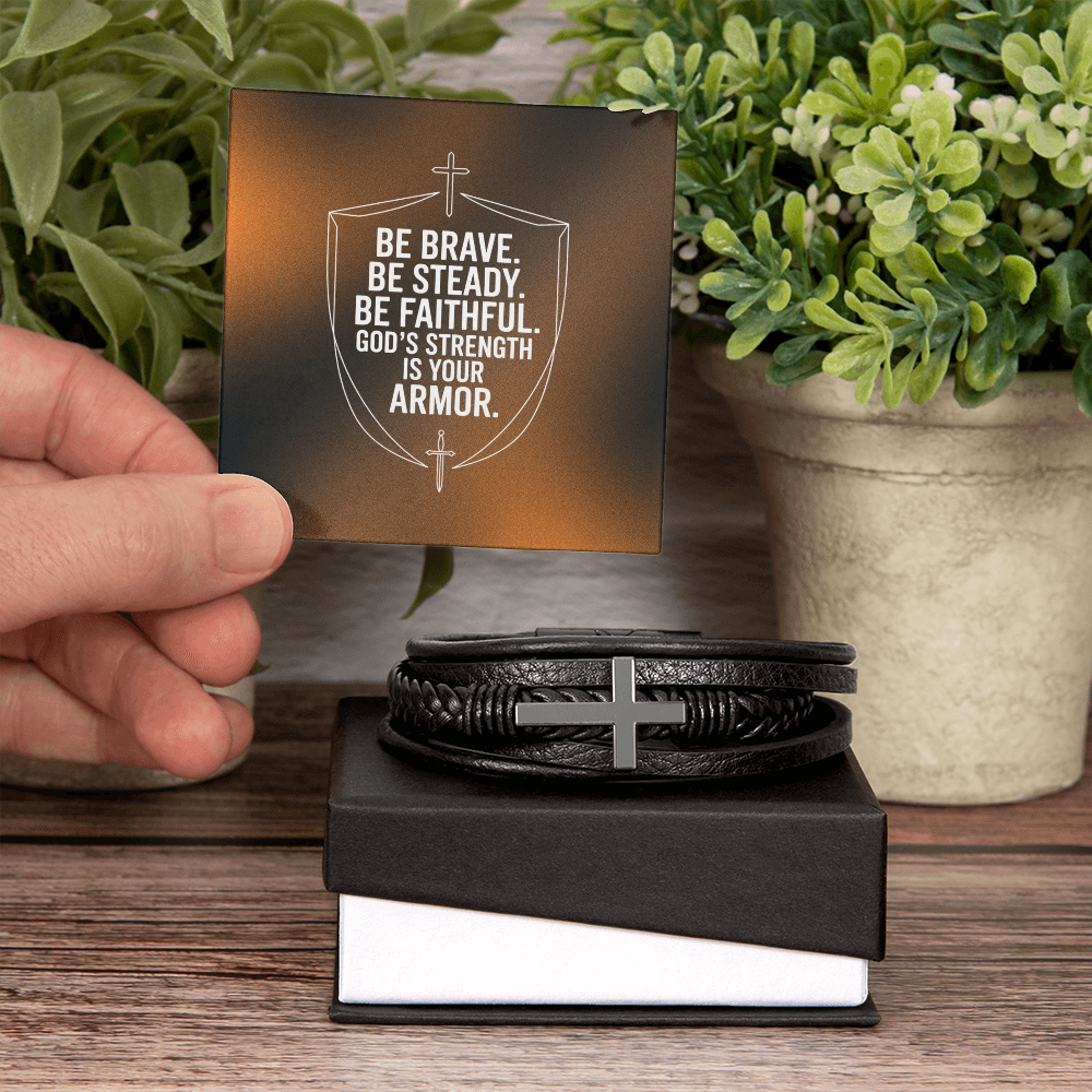 Men's Cross Leather Bracelet | “Be Brave. Be Steady. Be Faithful.” Shield Design | Christian Gift for Him | Faith Armor Bracelet