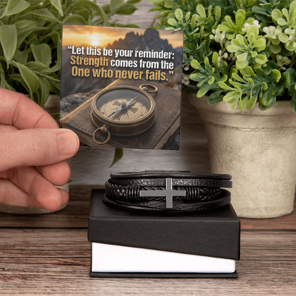 Men's Christian Cross Bracelet – “Strength Comes From the One Who Never Fails” Message Card | Leather & Stainless Steel Faith Bracelet