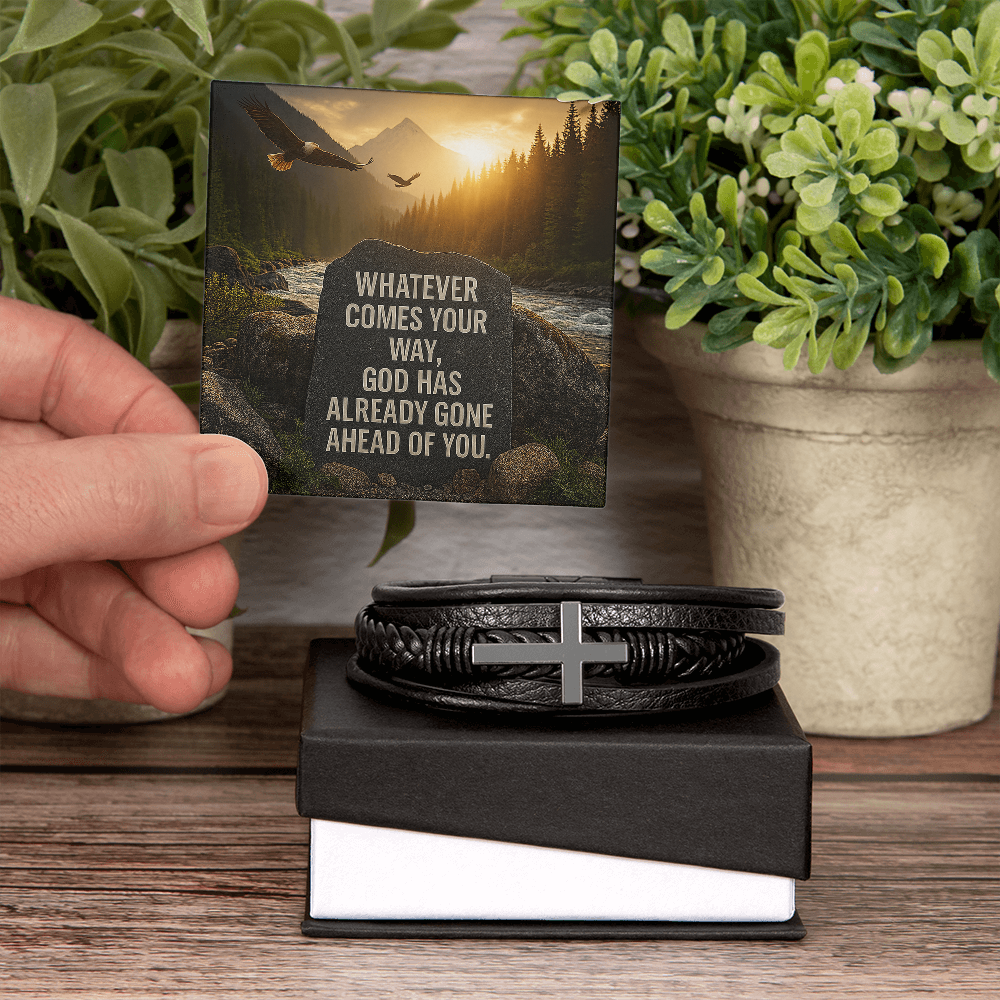 Men's Christian Cross Bracelet – “God Has Gone Ahead of You” Message Card | Leather & Stainless Steel Faith Bracelet