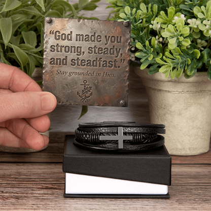 Men's Christian Cross Bracelet – “Strong, Steady & Steadfast” Message Card | Leather & Stainless Steel Faith Bracelet