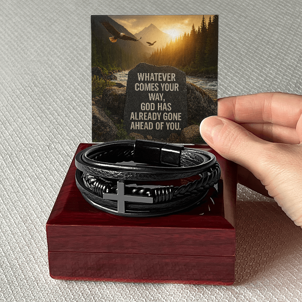 Men's Christian Cross Bracelet – “God Has Gone Ahead of You” Message Card | Leather & Stainless Steel Faith Bracelet