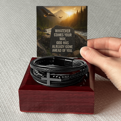 Men's Christian Cross Bracelet – “God Has Gone Ahead of You” Message Card | Leather & Stainless Steel Faith Bracelet