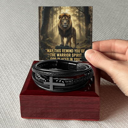 Men's Christian Cross Bracelet – “Warrior Spirit God Placed in You” Message Card | Leather & Stainless Steel Faith Bracelet