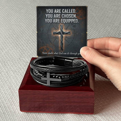 Men's Cross Leather Bracelet – “You Are Called, Chosen, Equipped” Message Card | Christian Gift for Men | Faith & Strength Jewelry