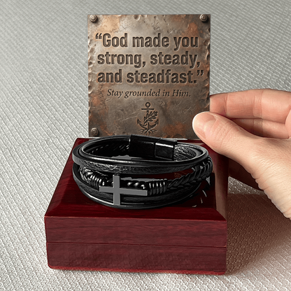 Men's Christian Cross Bracelet – “Strong, Steady & Steadfast” Message Card | Leather & Stainless Steel Faith Bracelet