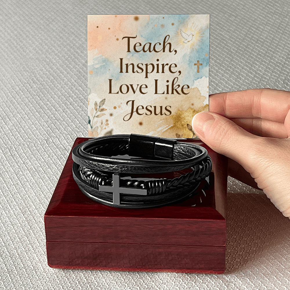 Christian men’s bracelet displayed on wooden background