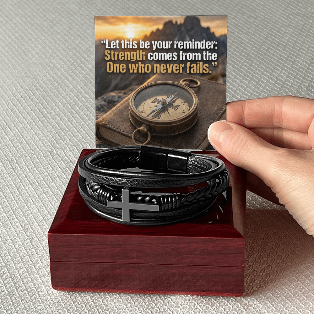 Men's Christian Cross Bracelet – “Strength Comes From the One Who Never Fails” Message Card | Leather & Stainless Steel Faith Bracelet
