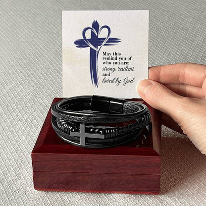 Strong, Resilient & Loved by God Men's Cross Bracelet | Christian Leather Bracelet for Him | Inspirational Men's Jewelry