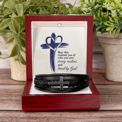 Strong, Resilient & Loved by God Men's Cross Bracelet | Christian Leather Bracelet for Him | Inspirational Men's Jewelry