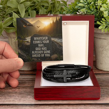 Men's Christian Cross Bracelet – “God Has Gone Ahead of You” Message Card | Leather & Stainless Steel Faith Bracelet