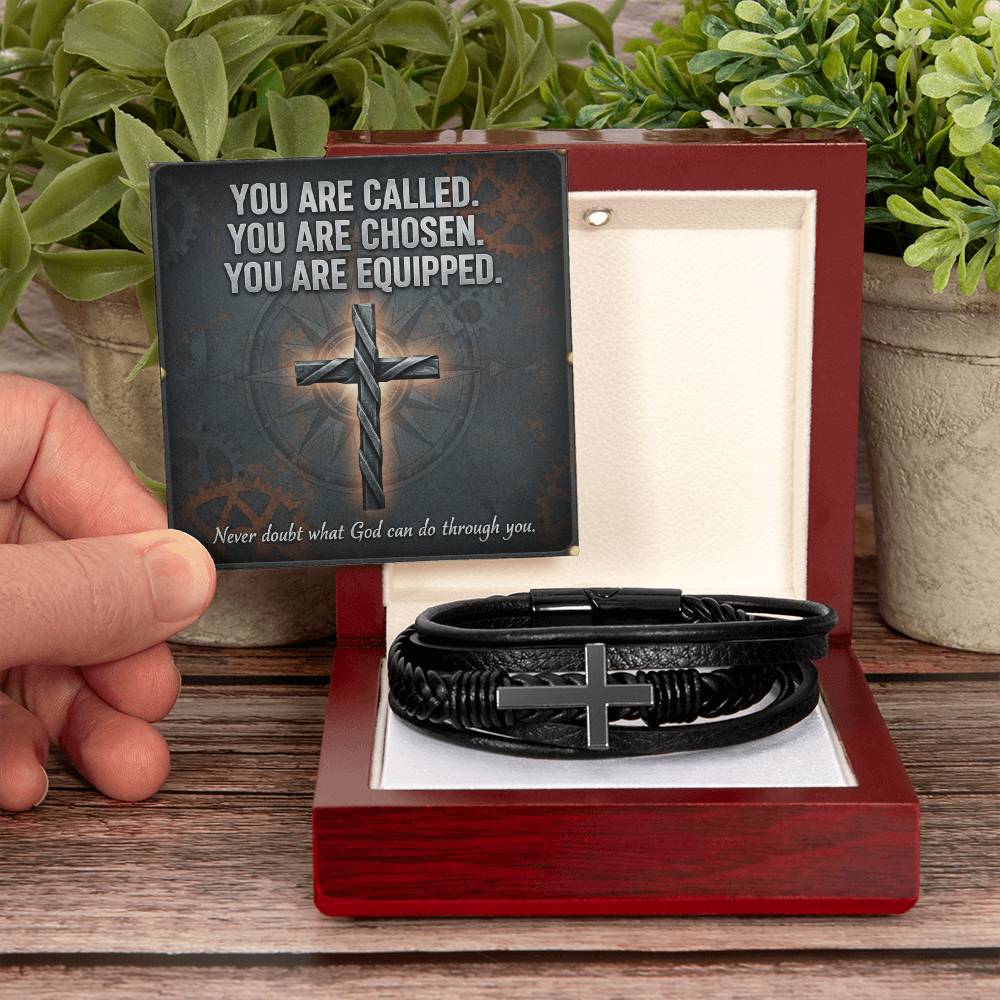 Men's Cross Leather Bracelet – “You Are Called, Chosen, Equipped” Message Card | Christian Gift for Men | Faith & Strength Jewelry