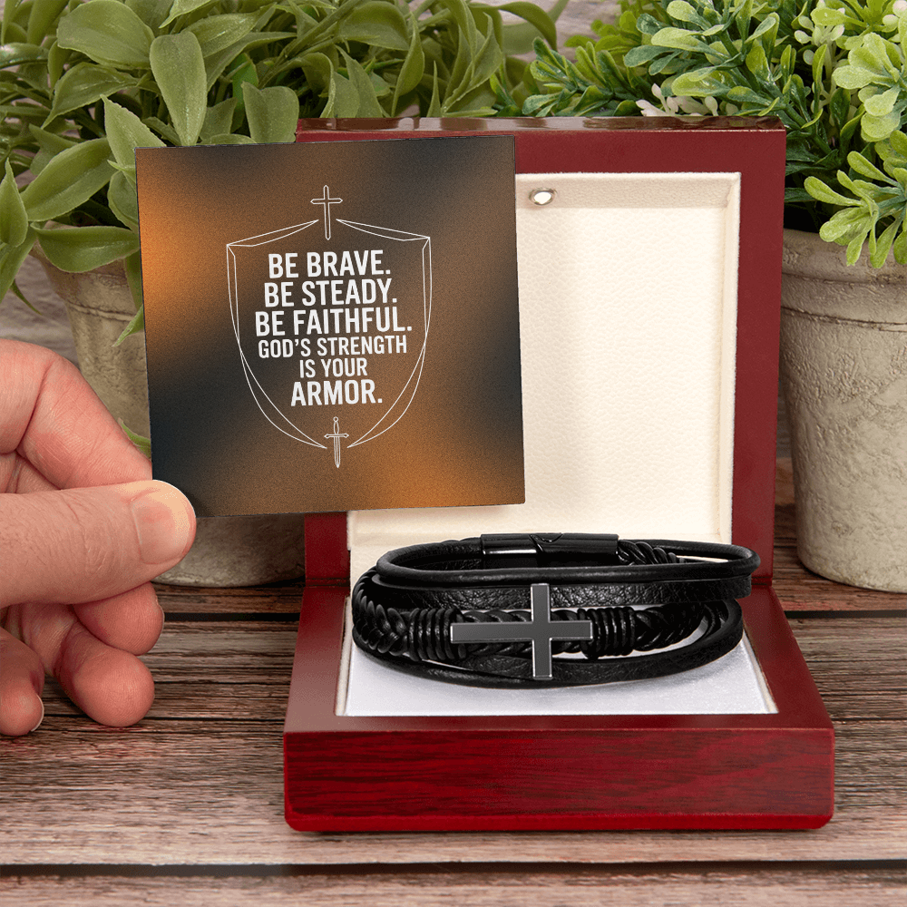 Men's Cross Leather Bracelet | “Be Brave. Be Steady. Be Faithful.” Shield Design | Christian Gift for Him | Faith Armor Bracelet